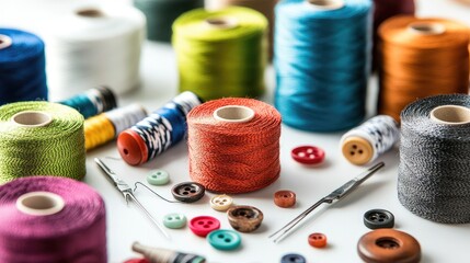 Poster - A vintage sewing kit with colorful threads, buttons, and needles on a white background, capturing the essence of traditional craftsmanship and sewing.