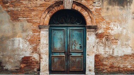 Poster - A weathered metal security door set against a vintage brick building, highlighting the contrast between industrial decay and classic architecture.