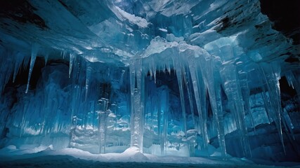 Poster - A stunning ice cave featuring blue hues and icicles, creating a mystical winter atmosphere.