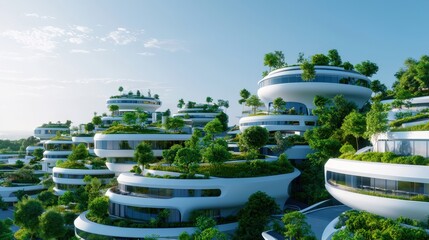 Poster - A stunning futuristic urban landscape showcasing innovative architecture harmonized with nature. Explore sustainable living in a vibrant eco-friendly environment.