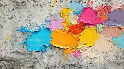 Poster - Abstract colorful splashes of paint on a textured concrete surface, blending modern urban architecture with vibrant artistic expression.