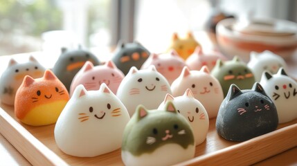 Poster - Adorable cat-themed mochi arranged on a tray in a bright, sunny kitchen, with soft natural light highlighting the playful designs.
