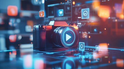Poster - Camera device with notifications popping up on its screen, representing media, photography, and instant updates in a digital world.