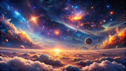 Wall Mural - a breathtaking celestial panorama planets, nebulae, and a radiant sunset above a sea of clouds