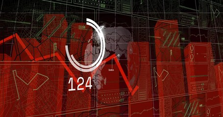 Poster - Digital world map with animation of red graphs and numbers overlaying charts