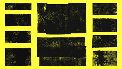 Poster - linocut vector, relief printing rectangle grunge shapes, wide stripes rough textures set. paint roll