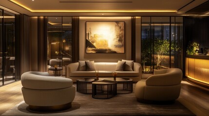 Poster - The stylish lounge exudes elegance with soft lighting, neutral tones, and subtle textures, offering a peaceful and sophisticated atmosphere.