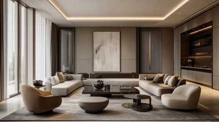 Poster - The stylish lounge exudes elegance with soft lighting, neutral tones, and subtle textures, offering a peaceful and sophisticated atmosphere.