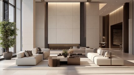Poster - The stylish lounge exudes elegance with soft lighting, neutral tones, and subtle textures, offering a peaceful and sophisticated atmosphere.