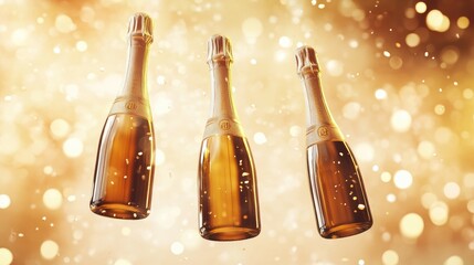 Poster - Three champagne bottles floating in mid-air, symbolizing celebration, luxury, and festive occasions with a vibrant, celebratory backdrop