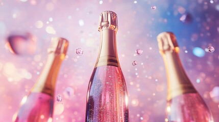 Poster - Three champagne bottles floating in mid-air, symbolizing celebration, luxury, and festive occasions with a vibrant, celebratory backdrop