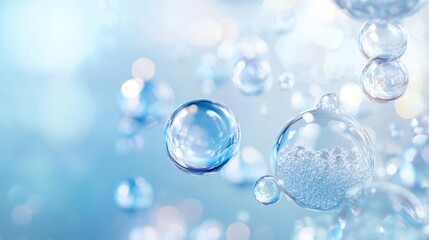 Poster - Transparent gel spheres representing skincare ingredients like coenzyme Q10 and hyaluronic acid, with a clean, abstract background for dermatology and beauty applications.