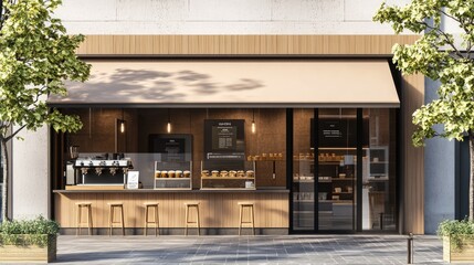 Poster - Urban cafe facade mockup with a large awning and sleek displays, perfect for illustrating branding, exterior design, and customer-facing visuals.