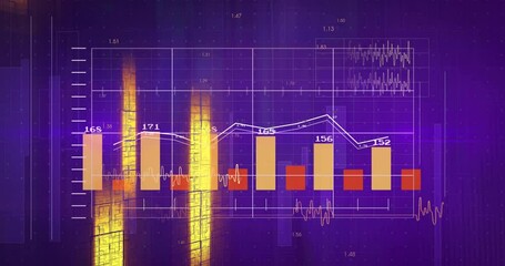 Poster - Fluctuating financial graph and bar chart on purple background, animation style