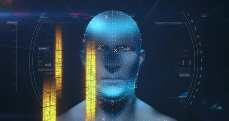 Poster - Animation of digital human face with data points and glowing lines in interface