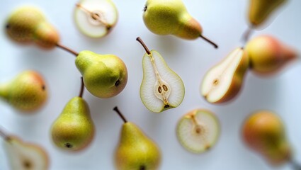 Poster - pears arranged artistically on a light background showcasing their unique shapes and textures