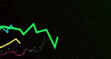 Poster - Animating glowing green line graph with digital glitch effects on dark background