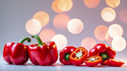 Poster - bright red bell peppers arranged artistically with blurred lights in the background creating a festi