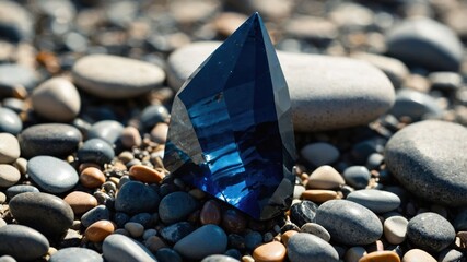 Poster - A blue crystal pyramid sits among smooth pebbles, showcasing its geometric beauty and reflective surfaces.