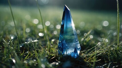 Aufkleber - A blue crystal stands prominently on grass, glistening in natural light, evoking a sense of tranquility.