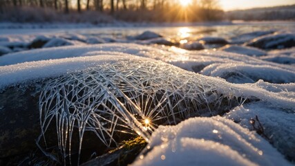 Poster - A close-up of icy formations on rocks by a river during sunrise, highlighting winter's beauty.