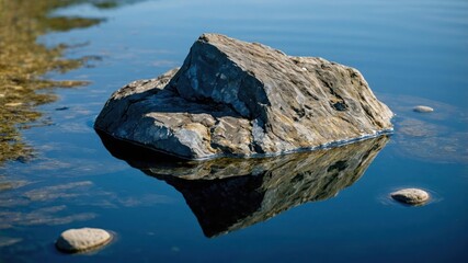 Poster - A serene rock partially submerged in water, reflecting its shape and surrounding landscape.