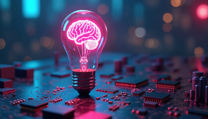 Poster - Neon AI brain inside light bulb against blurry tech background. Concept of artificial intelligence tech innovation. Modern digital hologram circuit board. Futuristic design represents high technology.