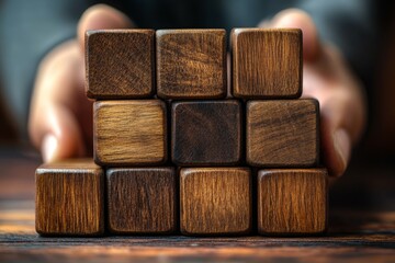 Poster - Hands arrange wooden blocks in a structured pattern on a rustic wooden table during afternoon light