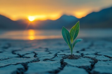 Poster - New plant emerges from cracked earth at sunset near the mountains, symbolizing resilience and hope