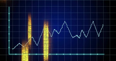 Poster - Animation of fluctuating line graph with glowing grid on dark blue background