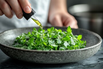 Poster - Fresh herbs being drizzled with oil in a rustic bowl during food preparation in a modern kitchen