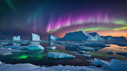 Poster - A stunning display of the Northern Lights over icy landscapes and floating icebergs in a serene arctic setting.