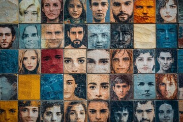 Poster - Colorful mosaic of diverse faces displayed on wall at urban art installation in a public space