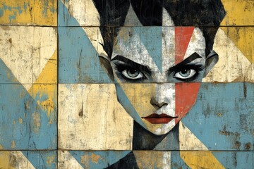 Aufkleber - Vibrant street art mural featuring a striking portrait with bold colors and geometric patterns