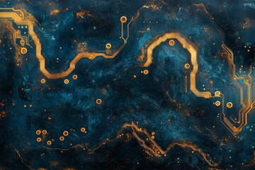 Fototapete - Abstract circuit design with golden lines against a dark blue textured background showcasing intricate patterns and connections