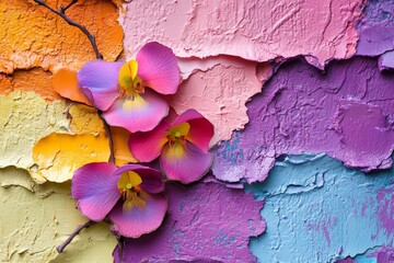 Poster - Colorful flowers against a vibrant textured wall showcasing a creative blend of paint hues