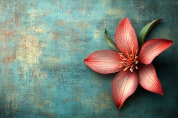 Aufkleber - Beautiful pink flower with delicate petals against a textured blue background in soft natural light