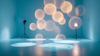 Poster - Lighting techniques create artistic effects in an empty studio with blue walls during a creative photography session