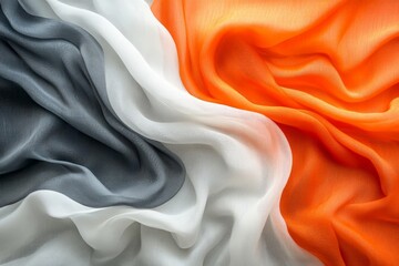 Fototapete - Waves of silk fabric in orange, white, and gray colors create an elegant and vibrant display for designers and artists
