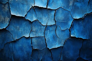 Poster - Textured blue wall showing cracks in the surface captured during daylight revealing a rustic appearance