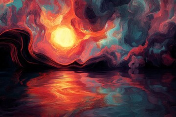 Aufkleber - Vivid sunset creates dramatic reflections over calm waters with colorful clouds framing a serene landscape