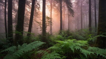 Poster - A serene forest scene with tall trees, lush ferns, and soft mist, creating a tranquil atmosphere.