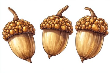 Poster - Three detailed acorns illustrating natural elements found in forests, showcasing their unique textures and shapes with a focus on organic life