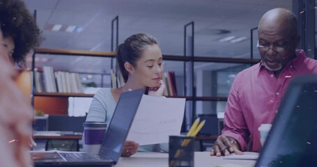 Poster - Discussing documents, colleagues at office table with laptops and coffee cups