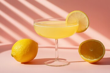 Aufkleber - Refreshing lemon cocktail served in a coupe glass with fresh lemons on a pastel pink background during daytime