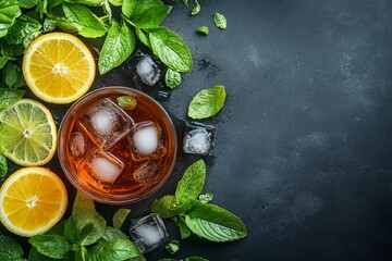 Aufkleber - Refreshing iced tea with fresh mint and citrus on a dark countertop in a vibrant, inviting setting during summer
