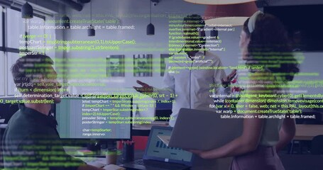 Poster - Business meeting with diverse team discussing over green code animation