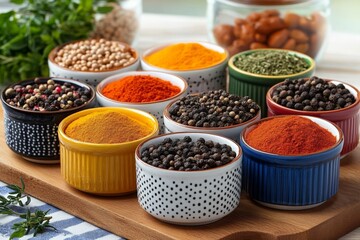 Poster - Colorful spices arranged in bowls on a wooden tray showcasing diverse culinary ingredients in a kitchen setting