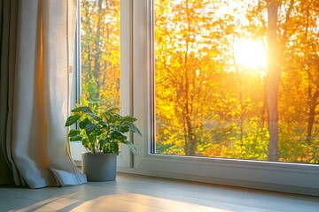 Poster - Sunlight streaming through a window illuminates a houseplant in a serene autumn landscape