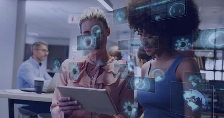 Poster - Two women collaborating on tablet with digital data processing animation overlay